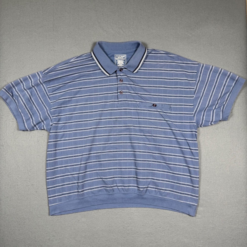 David Taylor Mens XXL Blue Striped Banded Bottom Polo Shirt Short Sleeve Pocket